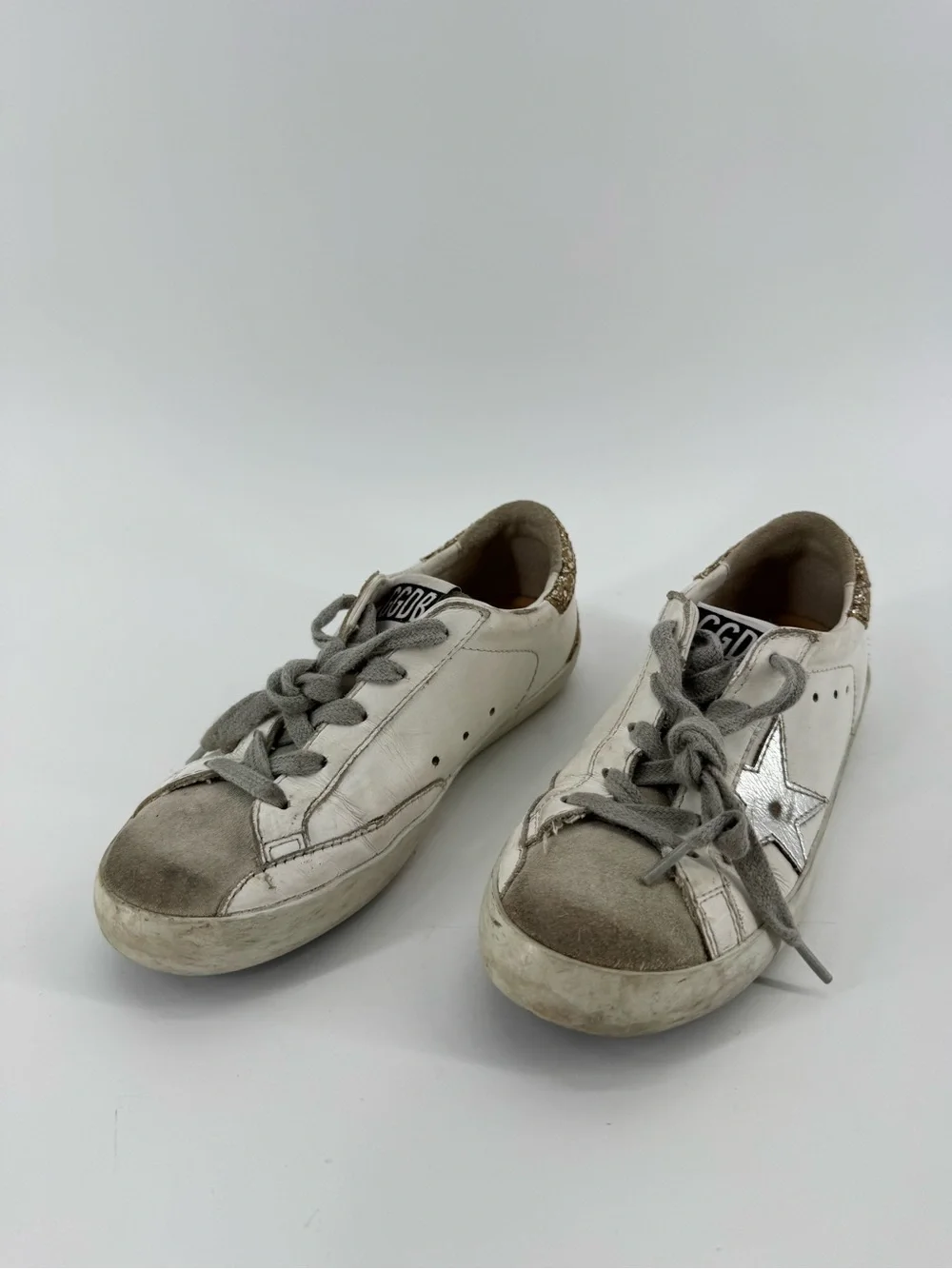 Kids Golden Goose White & Silver Superstar Sneaker with Gold Glitter Heel